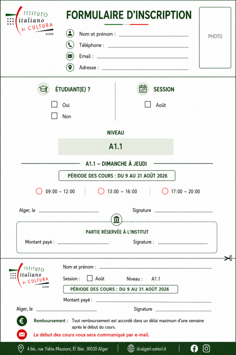 Formulaire Inscription – agosto A1.1