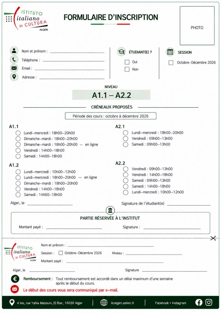 Scheda di iscrizione – livelli A1.1 – A2
